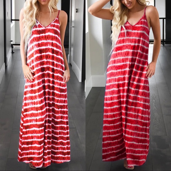 Stunning Mystery Dresses & Skirts - Tie Dye Striped Slip Maxi Dress Red